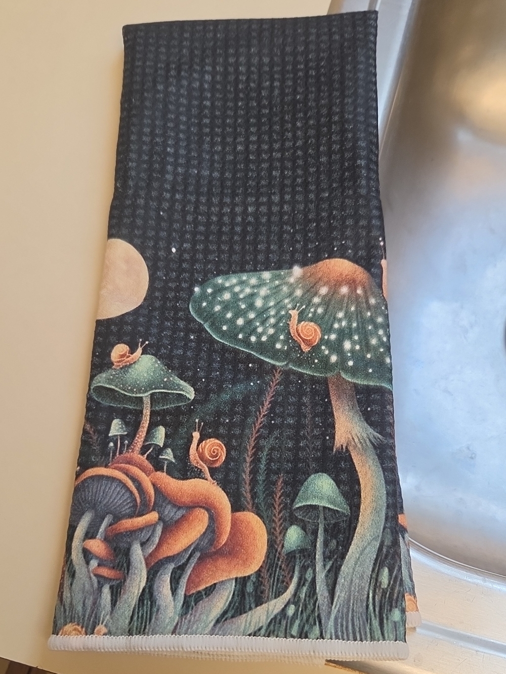 Black Mushroom Print Kitchen Tea Towel with Green and Orange Accents SET OF 2
